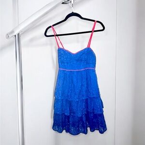 Vintage Navy BLUE Hollister Frilly Lace Ruffle Tier Spaghetti-Strap mini Dres